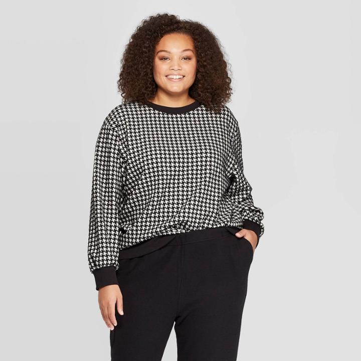 Women's Plus Size Houndstooth Print Long Sleeve Boat Neck Sweatshirt - Who What Wear Black/white