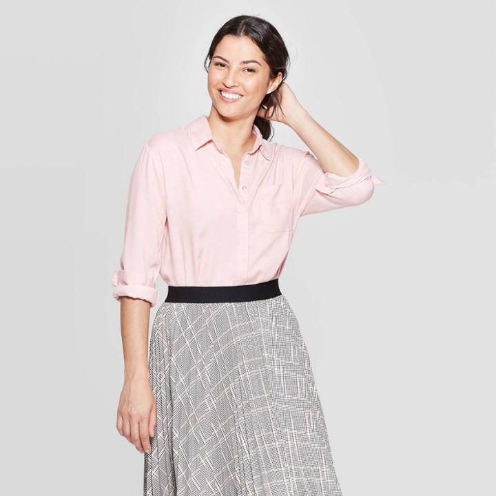 Women's Casual Fit Long Sleeve Collared Woven Button-up Shirt - A New Day Light Pink