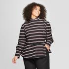 Women's Plus Size Striped Long Sleeve Asymmetric Button Turtleneck Blouse - Who What Wear Black/white