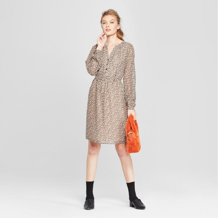 Women's Animal Print Long Sleeve Chiffon Dress - A New Day Tan