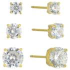Distributed By Target Cubic Zirconia Set Of 3 Round Stud Earrings With 14k Gold Plating In Sterling Silver - Gold, Gold/crystal