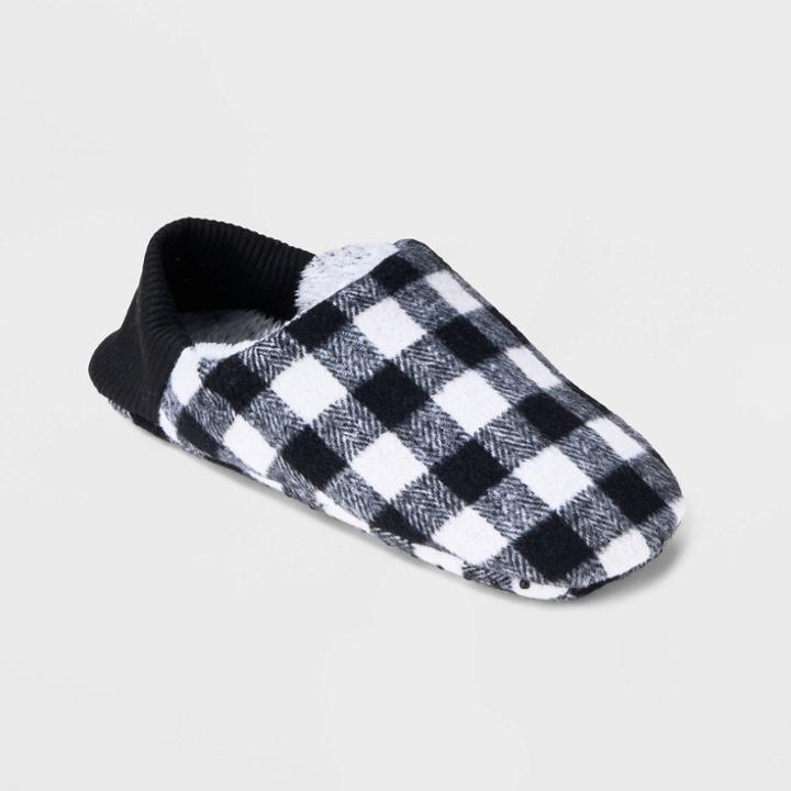 Adult Buffalo Check Plaid Fleece Lined Pull-on Slipper Socks With Huggable Heel & Grippers - Wondershop Black/white