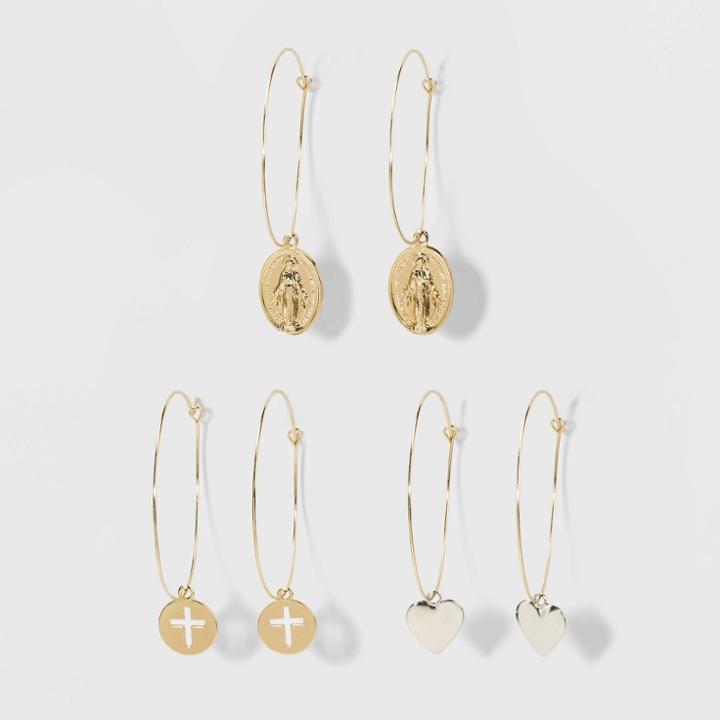 Saint, Heart And Cross Medallion Charm Hoop Earring Set 3ct - Wild Fable, Women's,