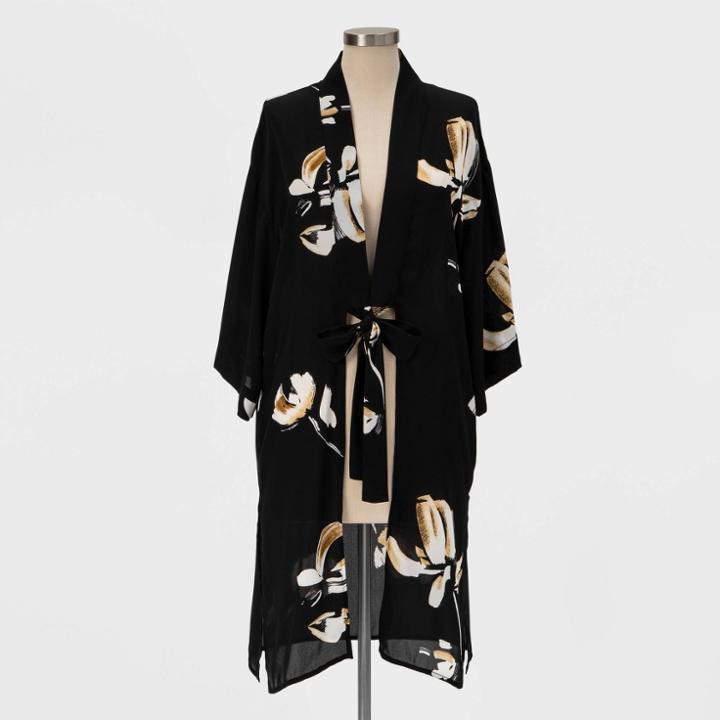 Women's Floral Print Petite Kimono - A New Day Black One Size, Women's