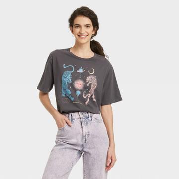 33 Revolutions Women's Tigers And Moon Short Sleeve Oversized Graphic T-shirt - Black