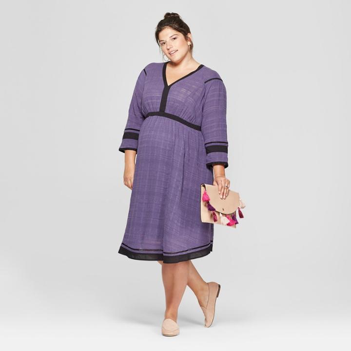 Maternity Plus Size 3/4 Sleeve Woven Color Block Dress - Isabel Maternity By Ingrid & Isabel Purple/black 1x, Women's, Blue