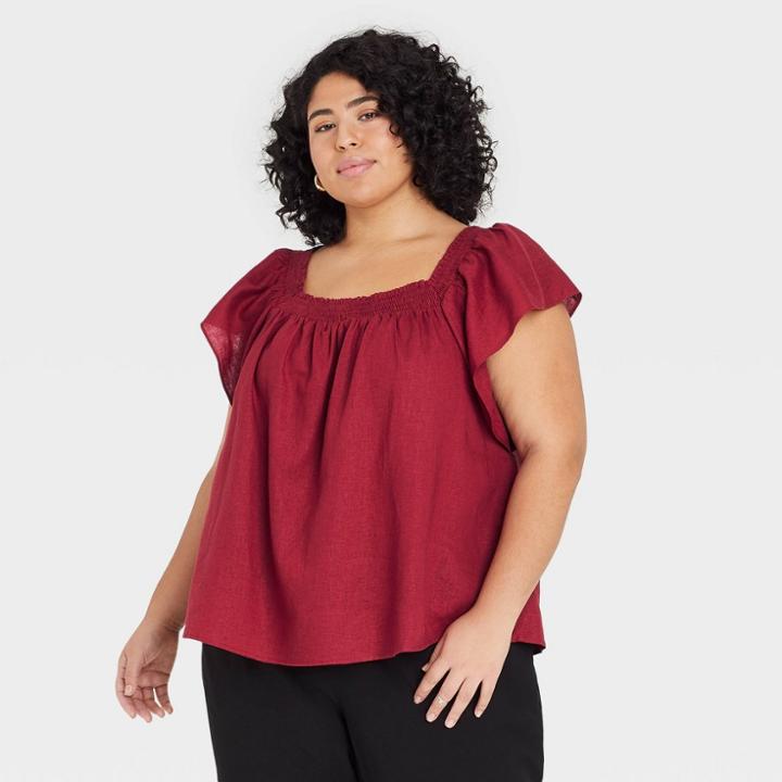 Women's Plus Size Ruffle Short Sleeve Smocked Top - A New Day Burgundy