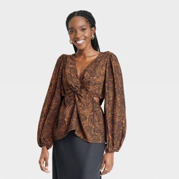Women's Puff Long Sleeve V-neck Twist-front Top - A New Day Brown/black