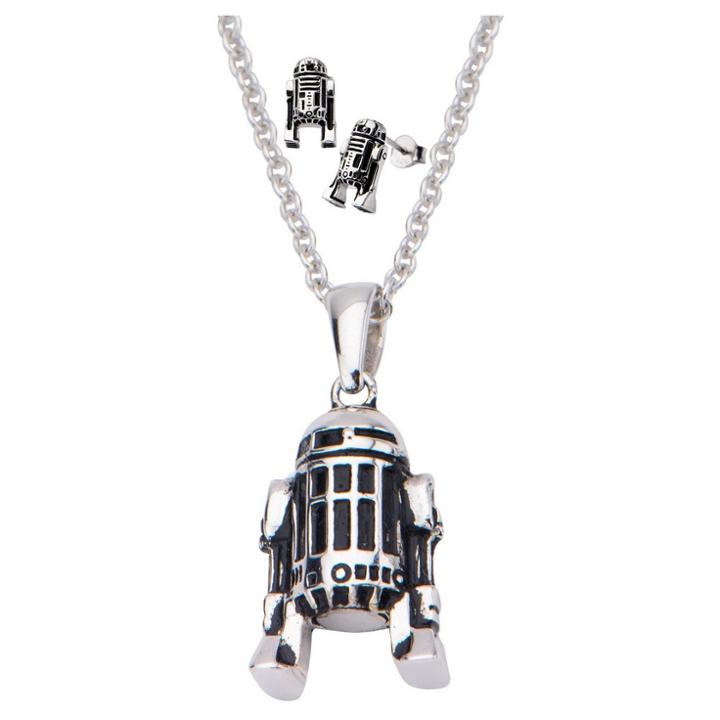 Women's Star Wars R2-d2 925 Sterling Silver 3d Earrings And Pendant With Chain