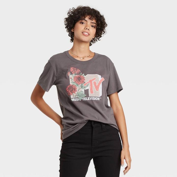 Women's Mtv Floral Print Short Sleeve Graphic T-shirt - Black