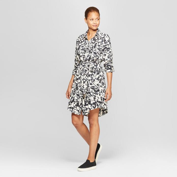 Women's Printed Long Sleeve Collared Mini Shirt Dress - Prologue Black/cream