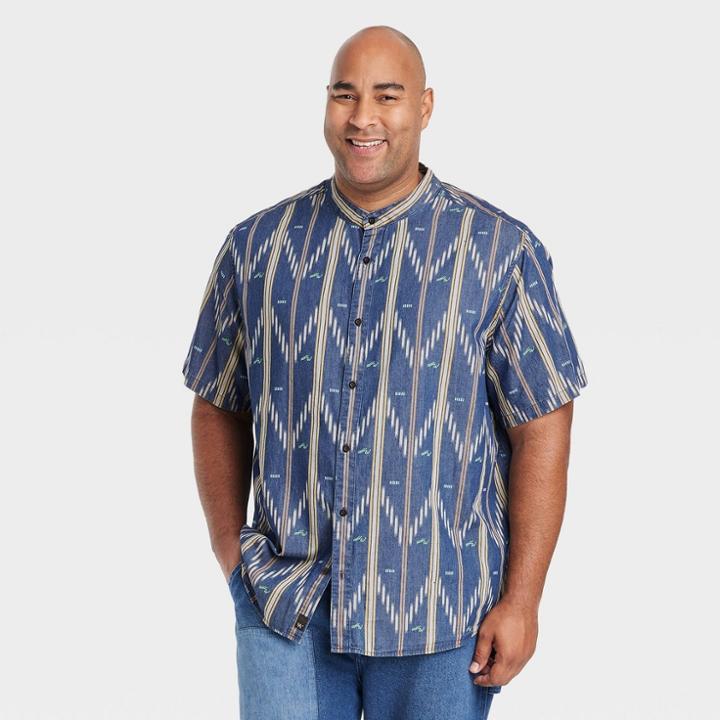 Houston White Adult Plus Size Printed Chambray Short Sleeve Button-down Shirt - Indigo Multi