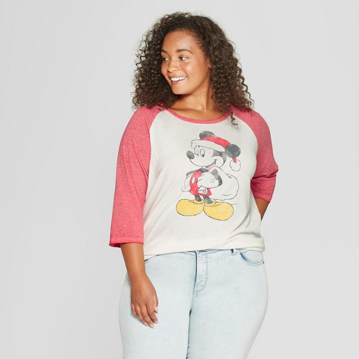 Women's Disney Mickey Mouse Plus Size 3/4 Sleeve Raglan Graphic T-shirt (juniors') White