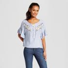 Women's Striped Short Sleeve Embroidered Lace-up Top - 3hearts (juniors') Blue