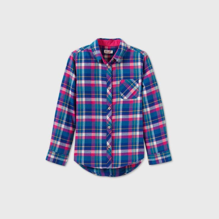 Girls' Plaid Long Sleeve Woven Button-down Shirt - Cat & Jack Blue