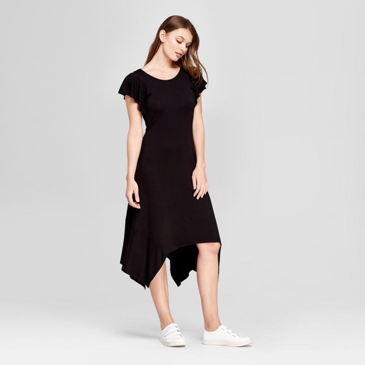 Women's Short Sleeve Knit Handkerchief Hem Dress - Notations - Black