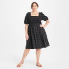 Women's Plus Size High-rise Puff Short Sleeve Smocked Dress - Ava & Viv Black Floral Print X