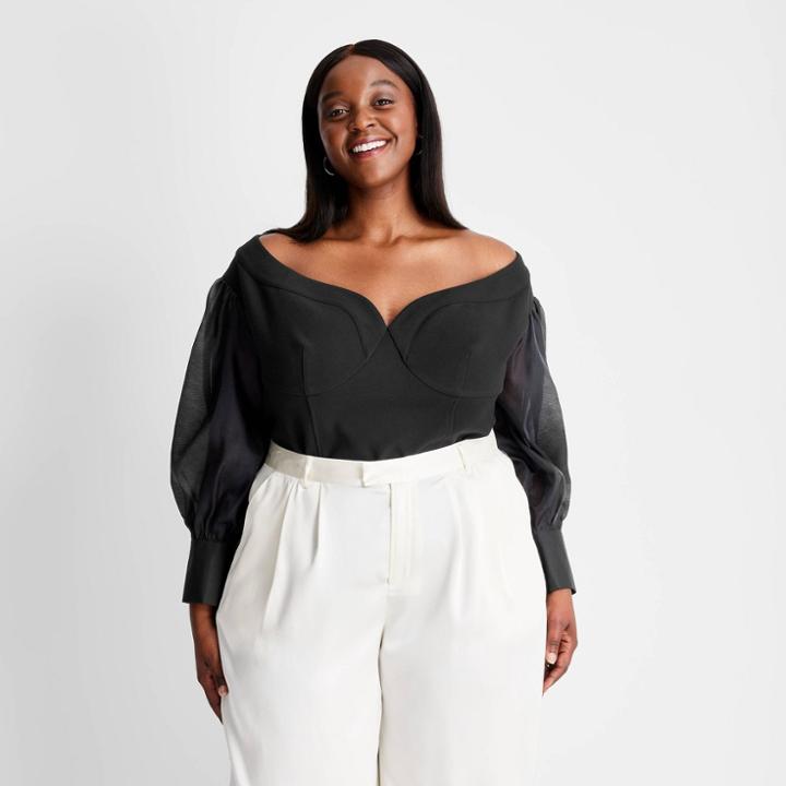 Women's Plus Size Long Sleeve Off The Shoulder Bustier Blouse - Future Collective With Kahlana Barfield Brown Black