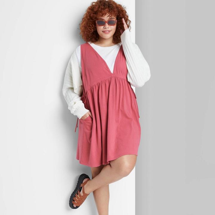 Women's Plus Size Sleeveless Tie Waist Knit Mineral Dyed Babydoll Dress - Wild Fable Red