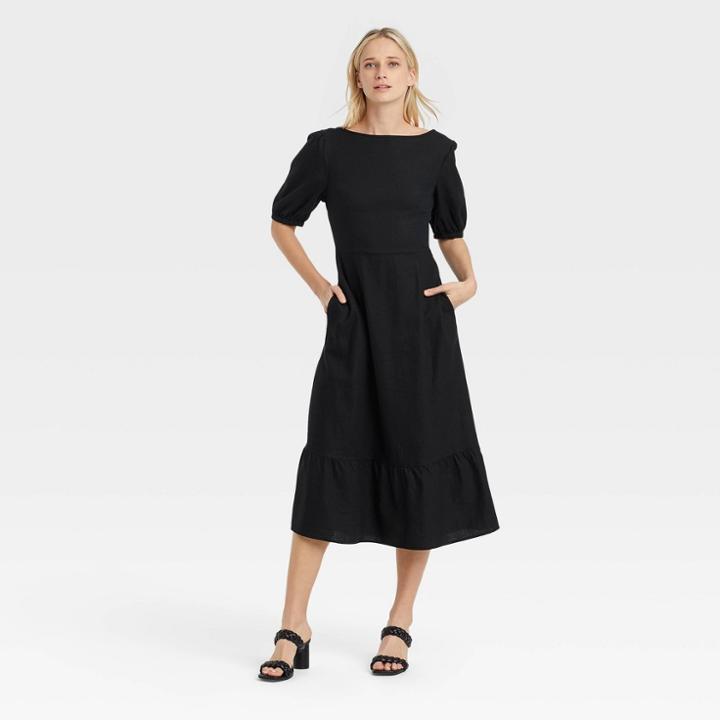 Women's Bishop Elbow Sleeve Tie-back Dress - Who What Wear Jet Black