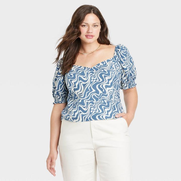 Women's Plus Size Puff Elbow Sleeve Blouse - Ava & Viv Blue X