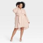 Women's Plus Size Striped Long Sleeve Tie Waist Shirtdress - A New Day Cream 1x, Ivory