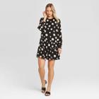 Women's Polka Dot Long Sleeve Round Neck Button Back Tiered Mini Dress - Who What Wear Black