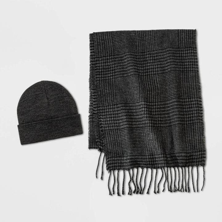 Men's Houndstooth Scarf + Beanie Set - Goodfellow & Co Charcoal Heather, Grey/grey