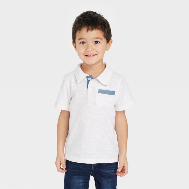 Toddler Boys' Chambray Pocket Short Sleeve Knit Polo Shirt - Cat & Jack White