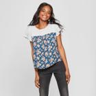 Women's Floral Print Short Sleeve Knit To Woven Top - Xhilaration Teal (blue)