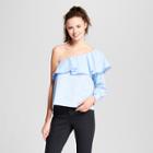 Women's Long Sleeve One Shoulder Ruffle Blouse - Necessary Objects Blue