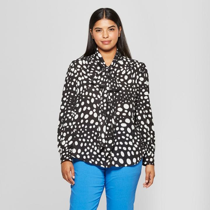 Women's Plus Size Polka Dot Long Sleeve Exaggerated Tie Neck Blouse - Who What Wear Black/white 4x, Black/white Polka Dot