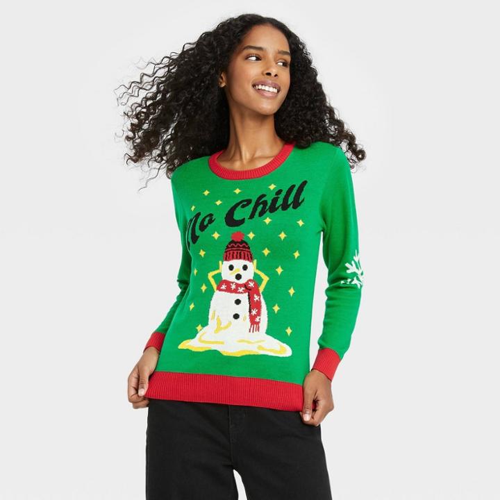 Mighty Fine Women's No Chill Snowman Holiday Graphic Pullover Sweater - Green
