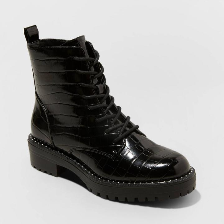 Women's Caldwell Croc Print Lace Up Combat Boots - A New Day Jet Black