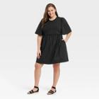Women's Plus Size Flutter Short Sleeve Knit Woven Dress - A New Day Black