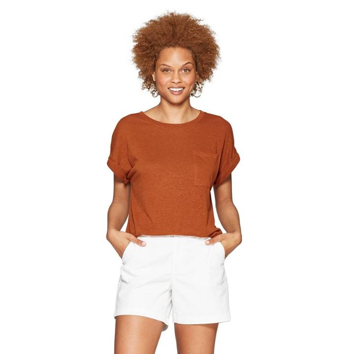 Women's Regular Fit Short Sleeve Crewneck Linen Cuff T-shirt - A New Day Orange