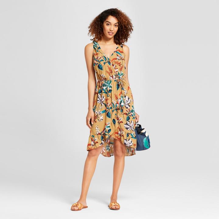 Women's Floral Print Sleeveless Wrap Dress - A New Day Tan
