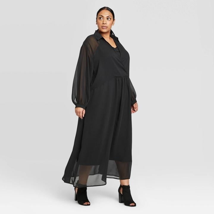 Women's Plus Size Long Sleeve Deep V-neck Maxi Dress - Prologue Black 1x, Women's,