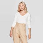 Women's Long Sleeve Ribbed Cuff V-neck Pullover Sweater - A New Day Cream (ivory)