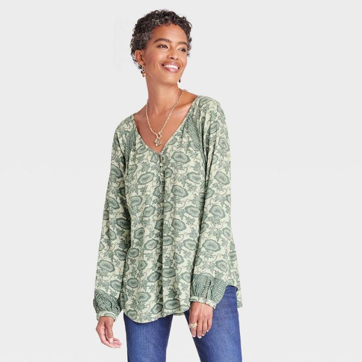 Women's Long Sleeve V-neck Tunic Top - Knox Rose Green Floral