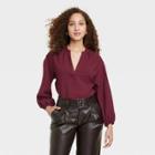 Women's Long Sleeve Popover Top - A New Day Burgundy