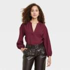 Women's Long Sleeve Popover Top - A New Day Burgundy