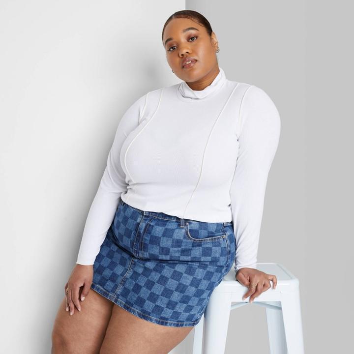 Women's Plus Size Long Sleeve Turtleneck Seamed Detail T-shirt - Wild Fable White