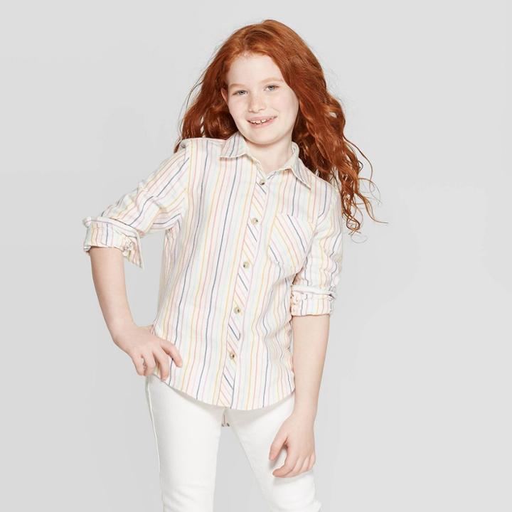 Girls' Long Sleeve Stripe Woven Button-down - Cat & Jack