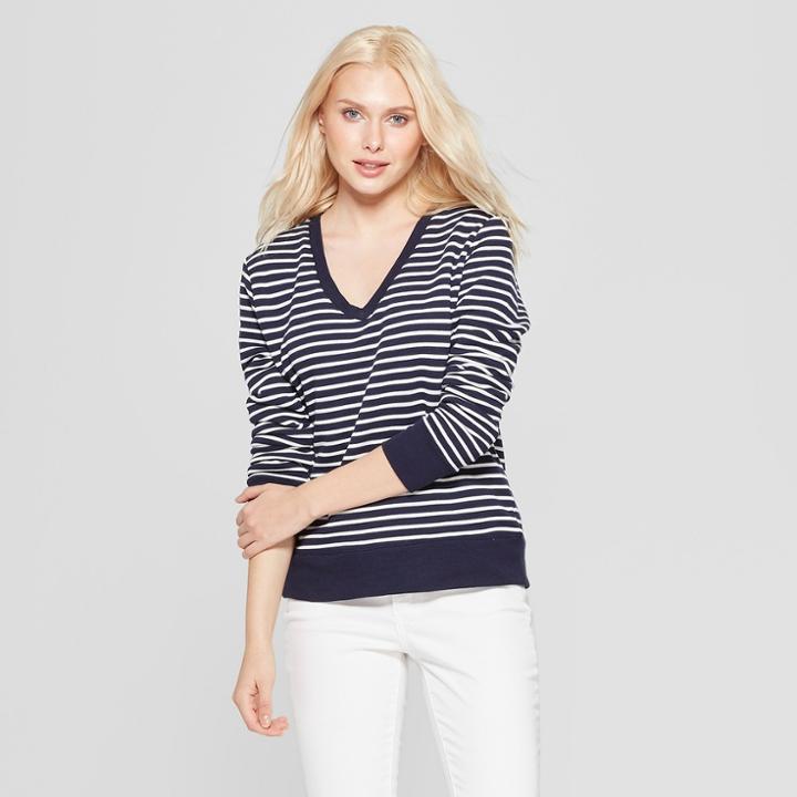 Women's Striped Long Sleeve V-neck Pullover - A New Day Navy/cream M, Blue Off-white