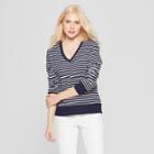 Women's Striped Long Sleeve V-neck Pullover - A New Day Navy/cream M, Blue Off-white