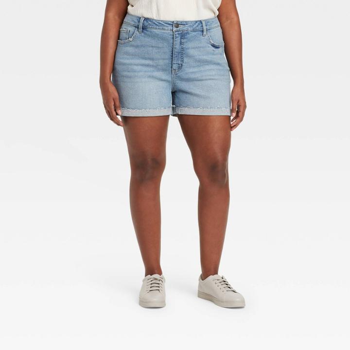 Women's Plus Size Jean Turn Back Fray Hem Jean Shorts - Ava & Viv Light Wash 14w,