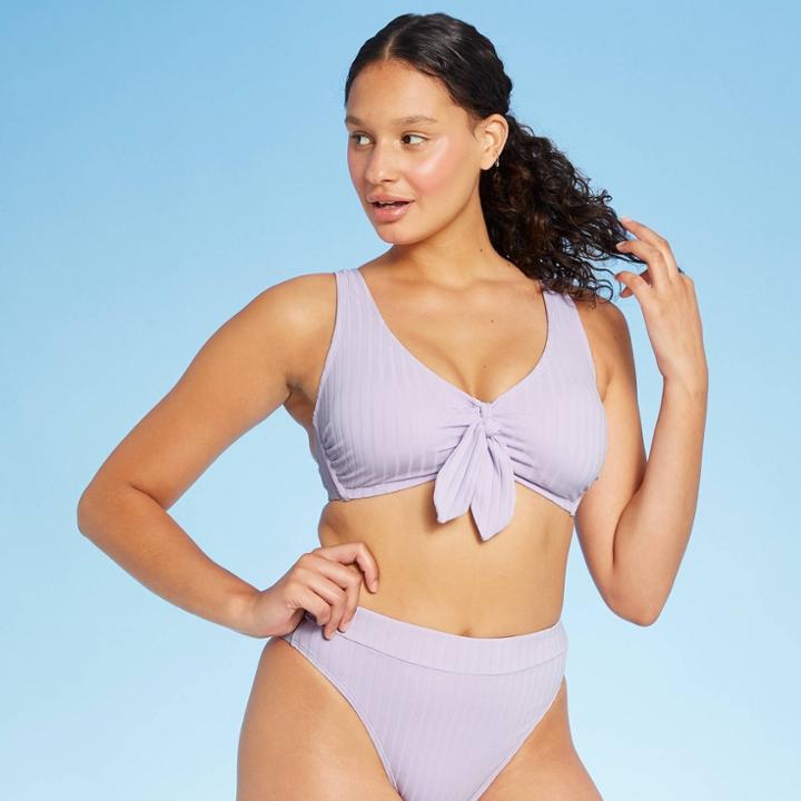 Juniors' Ribbed Tie-front Longline Triangle Bikini Top - Xhilaration Lilac D/dd Cup, Purple