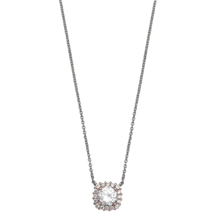 Halo Women's Necklace With Cubic Zirconia In Two Tone Rose Gold Over Sterling Silver - Silver/rose