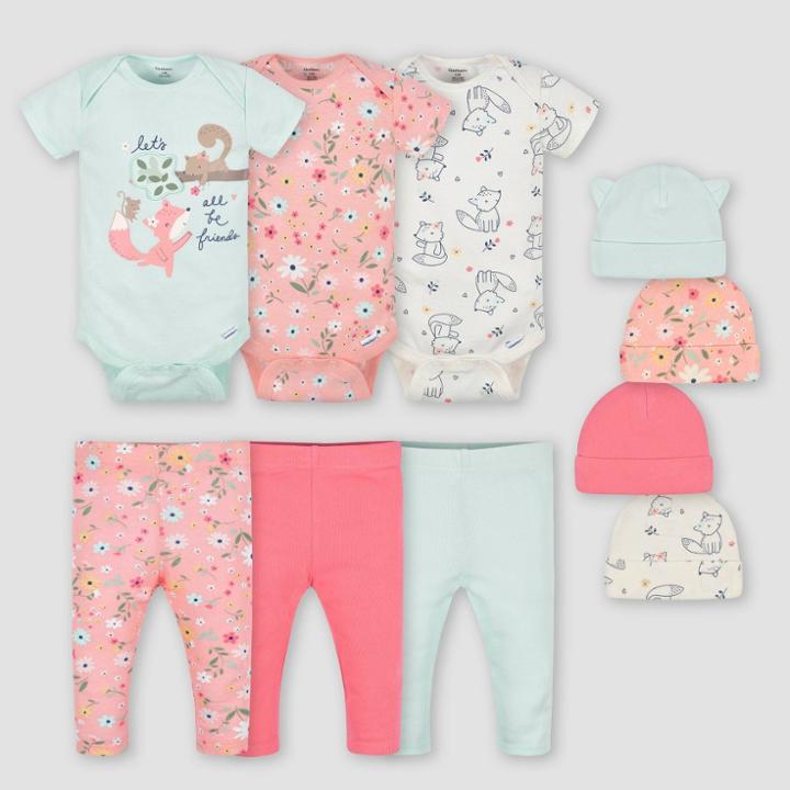 Gerber Baby Girls' 10pk Fox Top And Bottom Set With Cap - White/orange/light Blue Newborn